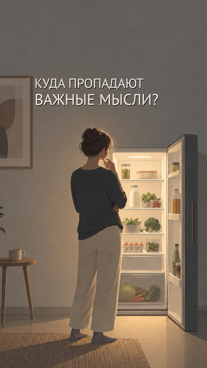 Женщина стоит перед открытым холодильником в тёмной комнате.